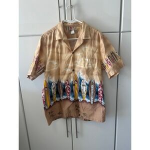 Blue Hawaii Surfboard Print Aloha Shirt Mens Large Tan‎ Cotton Made in Hawaii